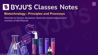 © 2021, BYJU'S. All rights reserved
© 2021, BYJU'S. All rights reserved
Biotechnology : Principles and Processes
Notes
Classes
Plasmids as Vectors, Nucleases, Restriction Endonucleases and
Insertion of GOI Plasmid
 