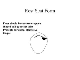 Rest Seat Form
Floor should be concave or spoonFloor should be concave or spoon
shaped ball-&-socket jointshaped ball-&-socket joint
Prevents horizontal stresses &Prevents horizontal stresses &
torquetorque
 