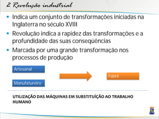 2 Revolução industrial
 Indica um conjunto de transformações iniciadas na
Inglaterra no século XVIII
 Revolução indica a rapidez das transformações e a
profundidade das suas conseqüências
 Marcada por uma grande transformação nos
processos de produção
Artesanal
Manufatureiro
Fabril
UTILIZAÇÃO DAS MÁQUINAS EM SUBSTITUÍÇÃO AO TRABALHO
HUMANO
 