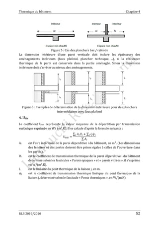 Thermique du bâtiment Chapitre 4
RLB 2019/2020 52
Figure 5 : Cas des planchers bas / refends
La dimension intérieure d'une paroi verticale doit inclure les épaisseurs des
aménagements intérieurs (faux plafond, plancher technique, ..), si la résistance
thermique de la paroi est conservée dans la partie aménagée. Sinon la dimension
intérieure doit s'arrêter au niveau des aménagements.
Figure 6 : Exemples de détermination de la dimension intérieure pour des planchers
intermédiaires avec faux plafond
4. Ubât
Le coefficient Ubât représente la valeur moyenne de la déperdition par transmission
surfacique exprimée en W/ (m².K). Il se calcule d'après la formule suivante :
𝑈𝑏â𝑡 =
∑ 𝐴𝑖𝑈𝑖 + ∑ 𝑙𝑗𝜓𝑗
𝑗
𝑖
∑ 𝐴𝑖
Ai est l'aire intérieure de la paroi déperditive i du bâtiment, en m². (Les dimensions
des fenêtres et des portes doivent être prises égales à celles de l'ouverture dans
les parois).
Ui est le coefficient de transmission thermique de la paroi déperditive i du bâtiment
déterminé selon les fascicules « Parois opaques » et « parois vitrées », il s’exprime
en W/(m².K).
lj est le linéaire du pont thermique de la liaison j, en m.
ψj est le coefficient de transmission thermique linéique du pont thermique de la
liaison j, déterminé selon le fascicule « Ponts thermiques », en W/(m.K)
 