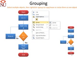 Grouping
Select multiple objects, then rightclick->group to copy/move or resize them as one object

                  Start


                  A=1



                Add 1 to
                                                                                     Start
                   A
                                                                                     A=1



                   A>                                                               Add 1 to
Print A                                                                                A
           No      10
                                                                                      A
                                                                     Print A           >
                        Yes                                                    No     10

                 Print                                                                       Yes

                 “bye”                                                               Print
                                                                                     “bye”


                                                                                      End
                                                                                             19
                  End     19                                                            19
 