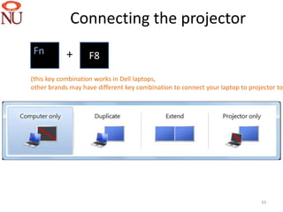Connecting the projector
Fn          +      F8

(this key combination works in Dell laptops,
other brands may have different key combination to connect your laptop to projector to




                                                                              33
 