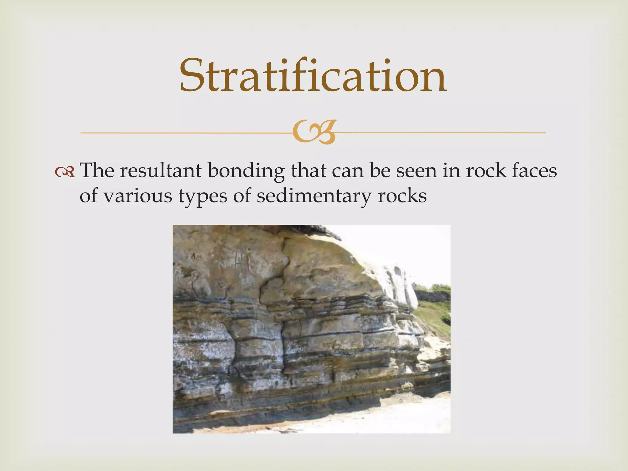 The resultant bonding that can be seen in rock faces of various types of sedimentary rocksStratification