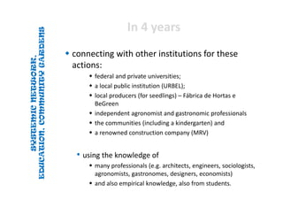 SYSTEMICNETWORK,
EDUCATION,COMMUNITYGARDENS
SYSTEMICNETWORK,
EDUCATION,COMMUNITYGARDENS
In 4 yearsIn 4 years
 connecting with other institutions for these 
actions: 
 federal and private universities;
 a local public institution (URBEL); 
 local producers (for seedlings) – Fábrica de Hortas e 
BeGreen
 independent agronomist and gastronomic professionals
 the communities (including a kindergarten) and
 a renowned construction company (MRV)
• using the knowledge of
 many professionals (e.g. architects, engineers, sociologists, 
agronomists, gastronomes, designers, economists)
 and also empirical knowledge, also from students.
 