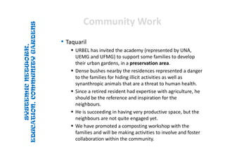 SYSTEMICNETWORK,
EDUCATION,COMMUNITYGARDENS
SYSTEMICNETWORK,
EDUCATION,COMMUNITYGARDENS
Community WorkCommunity Work
• Taquaril
 URBEL has invited the academy (represented by UNA, 
UEMG and UFMG) to support some families to develop 
their urban gardens, in a preservation area. 
 Dense bushes nearby the residences represented a danger 
to the families for hiding illicit activities as well as 
synanthropic animals that are a threat to human health.
 Since a retired resident had expertise with agriculture, he 
should be the reference and inspiration for the 
neighbours. 
 He is succeeding in having very productive space, but the 
neighbours are not quite engaged yet. 
 We have promoted a composting workshop with the 
families and will be making activities to involve and foster 
collaboration within the community.
 