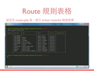 Route 規則表格
設定完 routes.php 後，執⾏行 artisan route:list 檢查結果
 