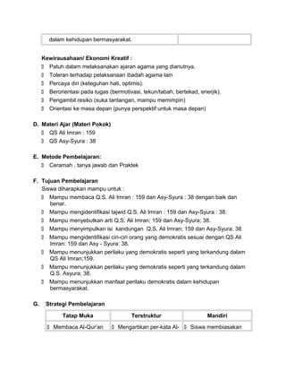dalam kehidupan bermasyarakat.
Kewirausahaan/ Ekonomi Kreatif :
 Patuh dalam melaksanakan ajaran agama yang dianutnya.
 Toleran terhadap pelaksanaan ibadah agama lain
 Percaya diri (keteguhan hati, optimis).
 Berorientasi pada tugas (bermotivasi, tekun/tabah, bertekad, enerjik).
 Pengambil resiko (suka tantangan, mampu memimpin)
 Orientasi ke masa depan (punya perspektif untuk masa depan)
D. Materi Ajar (Materi Pokok)
 QS Ali Imran : 159
 QS Asy-Syura : 38
E. Metode Pembelajaran:
 Ceramah , tanya jawab dan Praktek
F. Tujuan Pembelajaran
Siswa diharapkan mampu untuk :
 Mampu membaca Q.S. Ali Imran : 159 dan Asy-Syura : 38 dengan baik dan
benar.
 Mampu mengidentifikasi tajwid Q.S. Ali Imran : 159 dan Asy-Syura : 38.
 Mampu menyebutkan arti Q.S. Ali Imran; 159 dan Asy-Syura; 38.
 Mampu menyimpulkan isi kandungan Q.S. Ali Imran; 159 dan Asy-Syura: 38
 Mampu mengidentifikasi ciri-ciri orang yang demokratis sesuai dengan QS Ali
Imran: 159 dan Asy - Syura: 38.
 Mampu menunjukkan perilaku yang demokratis seperti yang terkandung dalam
QS Ali Imran;159.
 Mampu menunjukkan perilaku yang demokratis seperti yang terkandung dalam
Q.S. Asyura; 38.
 Mampu menunjukkan manfaat perilaku demokratis dalam kehidupan
bermasyarakat.
G. Strategi Pembelajaran
Tatap Muka Terstruktur Mandiri
 Membaca Al-Qur’an  Mengartikan per-kata Al-  Siswa membiasakan
 