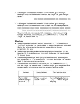 - Setelah para siswa selesai membaca secara klasikal, guru menunjuk
beberapa siswa untuk membaca surat Q.S. Az-Zariyat : 56, yaitu sebagai
berikut:
      
- Setelah para siswa selesai membaca secara klasikal, guru menunjuk
beberapa siswa untuk membaca surat An-Nahl: 78, yaitu sebagai berikut:
        
       
- Guru meminta beberapa siswa untuk menjelaskan hukum bacaan yang
terdapat dalam Q.S Al-Baqarah; 30, Q.S. Al-Mukminun: 12-14, Q.S. Az-
Zariyat : 56, dan An-Nahl: 78
Eksplorasi
- Selanjutnya siswa membaca arti Q.S Al-Baqarah; 30, Q.S. Al-Mukminun:
12-14, Q.S. Az-Zariyat : 56, dan An-Nahl: 78 dengan berpedoman kepada Al
Qur’an dan terjemahannya atau sumber bacaan lainnya dengan
pengamatan dari guru.
- Selanjutnya, guru mengajukan beberapa pertanyaan tentang arti Q.S Al-
Baqarah; 30, Q.S. Al-Mukminun: 12-14, Q.S. Az-Zariyat : 56, dan An-Nahl:
78 kepada siswa.
- Setelah mengartikan ayat demi ayat, guru meminta siswa agar menyalin
Q.S Al-Baqarah; 30, Q.S. Al-Mukminun: 12-14, Q.S. Az-Zariyat : 56, dan An-
Nahl: 78 berikut artinya dengan benar.
- Setelah selesai menyalin Q.S Al-Baqarah; 30, Q.S. Al-Mukminun: 12-14,
Q.S. Az-Zariyat : 56, dan An-Nahl: 78 berikut artinya, guru menjelas hukum
bacaan (tajwid) yang terdapat pada ayat tersebut. Sebagai contoh:
Bacaan Hukum Bacaan Cara Membacanya
Nun mati( ‫ن‬ْ )
bertemu dengan
huruf “ta” ( ‫ت‬ )
Hukum bacaanya
adalah “ Ikhfa ”
Nun mati( ‫ن‬ْ ) pada kalimat
‫ن‬ْ ‫منـ‬ِ‫ب‬ٍ  ‫ربا‬َ‫ا‬ ‫تنـ‬ُ " " dibaca dengan
dengung
 