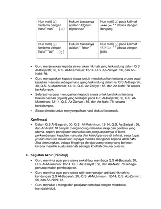 Nun mati( ‫ن‬ْ )
bertemu dengan
huruf “nun” ( ‫ن‬ )
Hukum bacaanya
adalah “Idgham
bighunnah”
Nun mati( ‫ن‬ْ ) pada kalimat
‫ن‬ْ ‫منـ‬ِ‫ة‬ٍ  ‫فنـ‬َ‫ا‬‫طنـ‬ْ ‫ننـ‬ُ " " dibaca dengan
dengung
Nun mati( ‫ن‬ْ )
bertemu dengan
huruf “ ‘ain” ( ‫ع‬ )
Hukum bacaanya
adalah “ Izhar ”
Nun mati( ‫ن‬ْ ) pada kalimat
‫ن‬ْ ‫منـ‬ِ‫ة‬ٍ  ‫قنـ‬َ‫ا‬‫نـ‬‫ل‬َ‫ا‬‫عنـ‬َ‫ا‬ " " dibaca dengan
jelas
- Guru menjelaskan kepada siswa akan hikmah yang terkandung dalam Q.S
Al-Baqarah; 30, Q.S. Al-Mukminun: 12-14, Q.S. Az-Zariyat : 56, dan An-
Nahl: 78.
- Guru menugaskan kepada siswa untuk mendiskusikan tentang proses awal
kejadian manusia sebagaimana yang terkandung dalam isi Q.S Al-Baqarah;
30, Q.S. Al-Mukminun: 12-14, Q.S. Az-Zariyat : 56, dan An-Nahl: 78 secara
berkelompok.
- Selanjutnya guru menugaskan kepada siswa untuk berdiskusi tentang
hukum bacaan (tajwid) yang terdapat pada Q.S Al-Baqarah; 30, Q.S. Al-
Mukminun: 12-14, Q.S. Az-Zariyat : 56, dan An-Nahl: 78 secara
berkelompok.
- Siswa diminta untuk menyampaikan hasil diskusi kelompok.
Konfirmasi
- Dalam Q.S Al-Baqarah; 30, Q.S. Al-Mukminun: 12-14, Q.S. Az-Zariyat : 56,
dan An-Nahl: 78 banyak mengandung nilai-nilai sikap dan perilaku yang
utama, seperti penciptaan manusia dan penguasaannya di bumi,
perkembangan kejadian manusia dan kehidupannya di akhirat, serta tugas
jin dan manusia melainkan supaya mereka mengabdi kepada Alloh SWT.
Jika direnungkan, betapa tingginya derajat orang-orang yang beriman
karena memiliki suatu amanah sebagai kholifah dimuka bumi ini.
c. Kegiatan Akhir (Penutup)
- Guru meminta agar para siswa sekali lagi membaca Q.S Al-Baqarah; 30,
Q.S. Al-Mukminun: 12-14, Q.S. Az-Zariyat : 56, dan An-Nahl: 78 sebagai
penutup materi pembelajaran.
- Guru meminta agar para siswa rajin mempelajari arti dan hikmah isi
kandungan Q.S Al-Baqarah; 30, Q.S. Al-Mukminun: 12-14, Q.S. Az-Zariyat :
56, dan An-Nahl: 78.
- Guru menutup / mengakhiri pelajaran tersebut dengan membaca
hamdalah/doá.
 