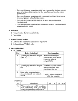 - Guru meminta agar para siswa sekali lagi menerangkan tentang hikmah
yang terkandung dalam zakat, haji dan wakaf sebagai penutup materi
pembelajaran.
- Guru meminta agar para siswa rajin mempelajari arti dan hikmah yang
terkandung dalam zakat, haji dan wakaf.
- Guru menutup / mengakhiri pelajaran tersebut dengan membaca
hamdalah/doá.
- Guru mengucapkan salam kepada para siswa sebelum keluar kelas dan
siswa menjawab salam.
H. Penilaian
 Tes perbuatan (Performance Individu)
 Tes tertulis
I. Bahan/Sumber Belajar
 Al Quran dan terjemahan Departemen Agama RI
 Buku pelajaran PAI SMA kelas I
J. Lembar Penilaian
I. Tes Tertulis
No. Butir – butir Soal Kunci Jawaban
1. Apakah yang dimaksud dengan
Zakat itu.............
Memberikan sebagian
harta kepada yang berhak
menerima sebagai
penyuci harta.
2. Apakah yang dimaksud dengan
haji……
Beribadah kepada Allah di
Mekkah berdasar pada
syarat dan rukunya.
3. Badan atau organisasi yang
mengurusi zakat, dan sodakoh
adalah……
Bazis : Badan amal zakat
infak dan sodakoh
II. Tes Sikap
No. Pernyataan SS S TS STS
1. "Mengerjakan haji adalah kewajiban
manusia terhadap Allah, yaitu (bagi)
orang yang sanggup mengadakan
 