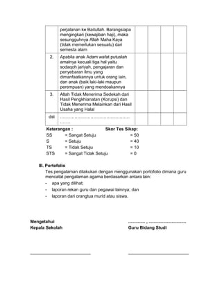perjalanan ke Baitullah. Barangsiapa
mengingkari (kewajiban haji), maka
sesungguhnya Allah Maha Kaya
(tidak memerlukan sesuatu) dari
semesta alam
2. Apabila anak Adam wafat putuslah
amalnya kecuali tiga hal yaitu
sodaqoh jariyah, pengajaran dan
penyebaran ilmu yang
dimanfaatkannya untuk orang lain,
dan anak (baik laki-laki maupun
perempuan) yang mendoakannya
3. Allah Tidak Menerima Sedekah dari
Hasil Pengkhianatan (Korupsi) dan
Tidak Menerima Melainkan dari Hasil
Usaha yang Halal
dst …………………………………………
…….
Keterangan : Skor Tes Sikap:
SS = Sangat Setuju = 50
S = Setuju = 40
TS = Tidak Setuju = 10
STS = Sangat Tidak Setuju = 0
III. Portofolio
Tes pengalaman dilakukan dengan menggunakan portofolio dimana guru
mencatat pengalaman agama berdasarkan antara lain:
- apa yang dilihat;
- laporan rekan guru dan pegawai lainnya; dan
- laporan dari orangtua murid atau siswa.
Mengetahui
Kepala Sekolah
_________________________
.............. , ...............................
Guru Bidang Studi
_________________________
 