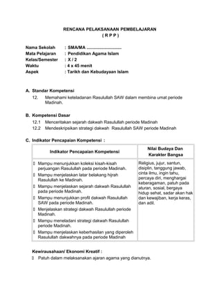 RENCANA PELAKSANAAN PEMBELAJARAN
( R P P )
Nama Sekolah : SMA/MA .............................
Mata Pelajaran : Pendidikan Agama Islam
Kelas/Semester : X / 2
Waktu : 4 x 45 menit
Aspek : Tarikh dan Kebudayaan Islam
A. Standar Kompetensi
12. Memahami keteladanan Rasulullah SAW dalam membina umat periode
Madinah.
B. Kompetensi Dasar
12.1 Menceritakan sejarah dakwah Rasulullah periode Madinah
12.2 Mendeskripsikan strategi dakwah Rasulullah SAW periode Madinah
C. Indikator Pencapaian Kompetensi :
Indikator Pencapaian Kompetensi
Nilai Budaya Dan
Karakter Bangsa
 Mampu menunjukkan koleksi kisah-kisah
perjuangan Rasulullah pada periode Madinah.
 Mampu menjelaskan latar belakang hijrah
Rasulullah ke Madinah.
 Mampu menjelaskan sejarah dakwah Rasulullah
pada periode Madinah.
 Mampu menunjukkan profil dakwah Rasulullah
SAW pada periode Madinah.
 Menjelaskan strategi dakwah Rasulullah periode
Madinah.
 Mampu meneladani strategi dakwah Rasulullah
periode Madinah.
 Mampu menjelaskan keberhasilan yang diperoleh
Rasulullah dakwahnya pada periode Madinah
Religius, jujur, santun,
disiplin, tanggung jawab,
cinta ilmu, ingin tahu,
percaya diri, menghargai
keberagaman, patuh pada
aturan, sosial, bergaya
hidup sehat, sadar akan hak
dan kewajiban, kerja keras,
dan adil.
Kewirausahaan/ Ekonomi Kreatif :
 Patuh dalam melaksanakan ajaran agama yang dianutnya.
 