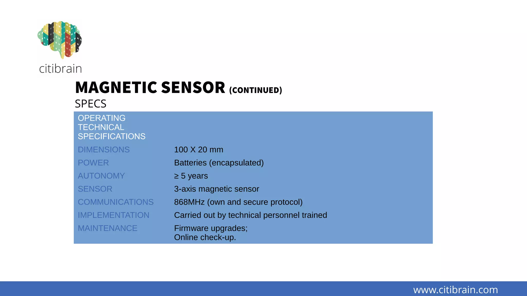 www.citibrain.com
MAGNETIC SENSOR (CONTINUED)
SPECS
OPERATING
TECHNICAL
SPECIFICATIONS
DIMENSIONS 100 X 20 mm
POWER Batteries (encapsulated)
AUTONOMY ≥ 5 years
SENSOR 3-axis magnetic sensor
COMMUNICATIONS 868MHz (own and secure protocol)
IMPLEMENTATION Carried out by technical personnel trained
MAINTENANCE Firmware upgrades;
Online check-up.
 