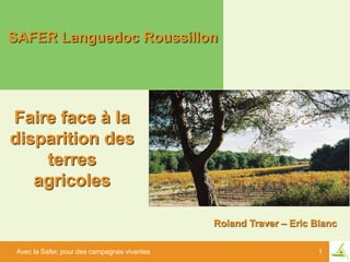 SAFER Languedoc Roussillon




Faire face à la
disparition des
    terres
   agricoles

                                              Roland Traver – Eric Blanc

 Avec la Safer, pour des campagnes vivantes                         1
 