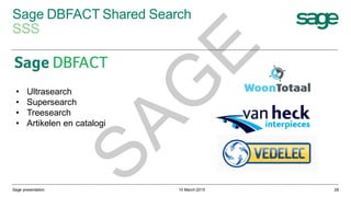 Sage DBFACT Shared Search
SSS
10 March 2015Sage presentation 28
• Ultrasearch
• Supersearch
• Treesearch
• Artikelen en catalogiSAG
E
 