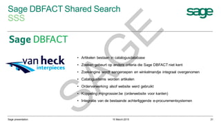Sage DBFACT Shared Search
SSS
10 March 2015Sage presentation 31
• Artikelen bestaan in catalogusdatabase
• Zoeken gebeurt op andere criteria die Sage DBFACT niet kent
• Zoekengine wordt aangeroepen en winkelmandje integraal overgenomen
• Catalogusitems worden artikelen
• Orderverwerking alsof website werd gebruikt
• Koppeling mijngrossier.be (orderwebsite voor kanten)
• Integratie van de bestaande achterliggende e-procurementsystemen
SAG
E
 