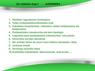Zer tratatuko dugu?       AURKIBIDEA




1. Heziketa- laguntzaren kontzeptua
2. Talde multzokatzeko/elkartzeko erak
3. Irakasleen konpetentzia: irakasleen arteko kolaborazioa eta
    kooperazioa
4. Partekatutako irakaskuntza eta bere tipologia
5. Laguntza-mota partekatutako irakaskuntza: nola jokatu
6. Oinarrizko aurreko akordioak
7. Zer erabaki behar da neurri honi etekina ateratzeko: Gida
8. Jarduera motak
9. Hurrengo saiorako ataza
10. Erabilitako baliabideak: dokumentuak, web-orriak,….
 