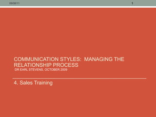 COMMUNICATION STYLES:  MANAGING THE RELATIONSHIP PROCESS  DR EARL STEVENS, OCTOBER 2009  ,[object Object],09/08/11 