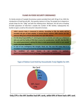 FLAWS IN FOOD SECURITY ORDINANCE
If a family consists of 5 people the previous system provided them with 35 kg of rice. With the
introduction of Food Security Bill , the quantity reduces to 25 kg. The people has to depend on
private shops for this “10kg” and with the inflating prices. Moreover, this bill aims at feeding
67.5lakh population of India-that is double the number of BPL families. Subsequently the
burden on govt. as well as the consumer is bound to increase.
 India’s poverty index is measured in calories. According to FSB, the adults will be
provided 165 gm of food subsidy. A normal person requires 2500 calories per day
whereas 400 grams of food will provide only upto 330 calories.
 It is the duty/responsibility of central government to decide and make up a criteria on
who can avail the facility of PDS that is norms for consideration into BPL. But the FSP,
the central government is giving this duty to state governments which in turn would
create interstate disparities.
 In case of any contingency like drought, flood, etc. The new FPS states that it is
incumbent on state government for purchase/procurement of food grains.
 The condition of ware houses in our country is pathetic.
there is no investment in terms of storage, transportation & maintenance.
 