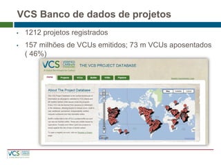VCS Banco de dados de projetos 
•1212 projetos registrados 
•157 milhões de VCUs emitidos; 73 m VCUs aposentados ( 46%)  