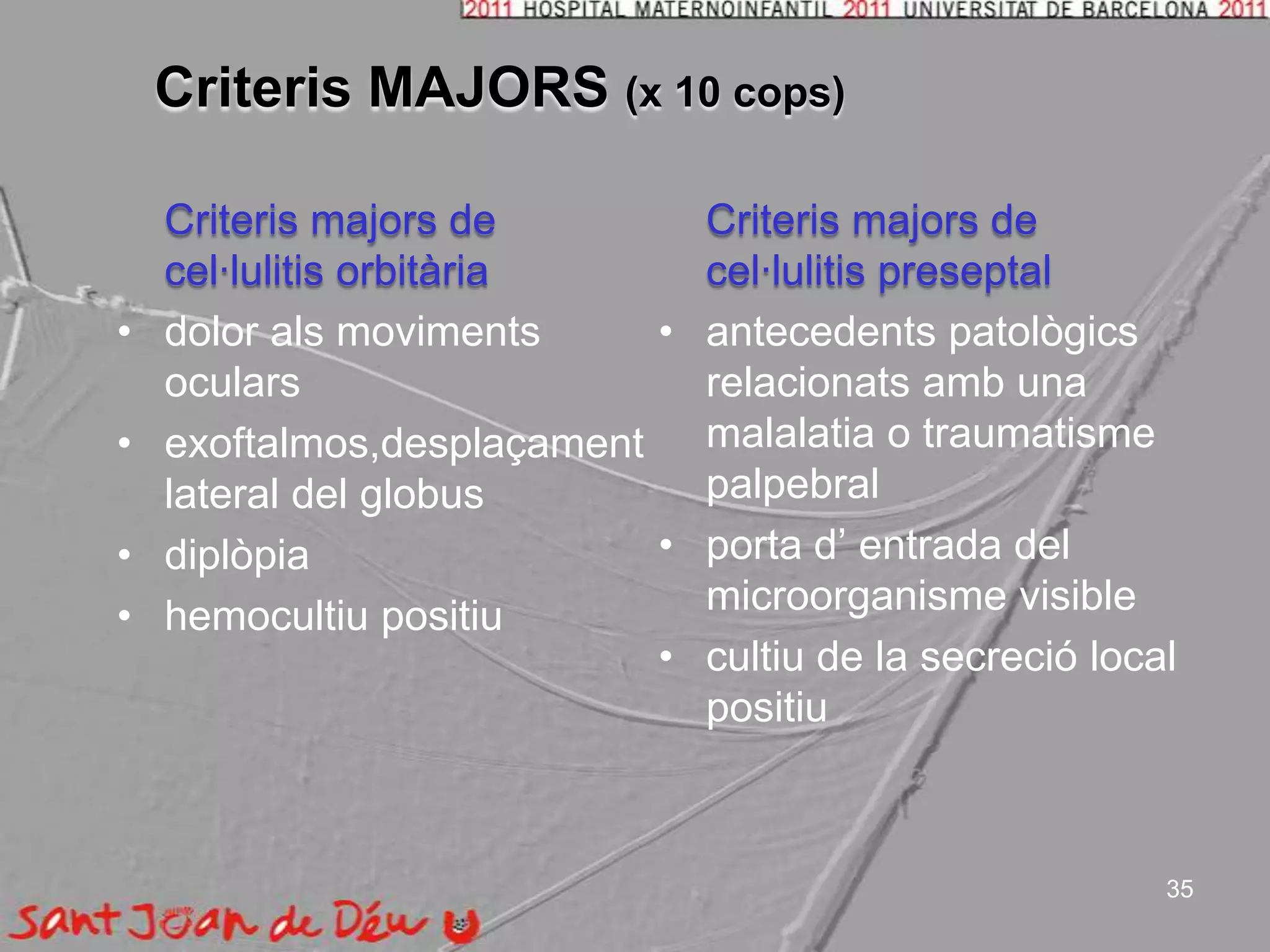 Criteris MAJORS (x 10 cops)Criterismajors de cel·lulitisorbitàriadolor alsmovimentsocularsexoftalmos,desplaçamentlateral del globusdiplòpiahemocultiupositiuCriterismajors de cel·lulitispreseptalantecedentspatològicsrelacionatsamb una malalatia o traumatisme palpebralporta d’ entrada del microorganisme visiblecultiu de la secreció local positiu35