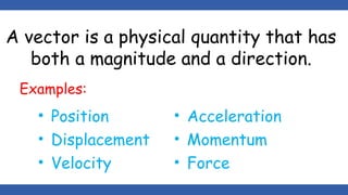 A vector is a physical quantity that has
both a magnitude and a direction.
Examples:
• Position
• Displacement
• Velocity
• Acceleration
• Momentum
• Force
 