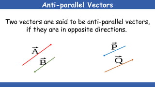 Anti-parallel Vectors
Two vectors are said to be anti-parallel vectors,
if they are in opposite directions.
⃗
A
⃗
P
⃗
Q
⃗
B
 