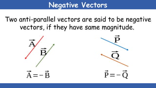 Negative Vectors
Two anti-parallel vectors are said to be negative
vectors, if they have same magnitude.
⃗
A
⃗
B
⃗
P
⃗
Q
⃗
A=−⃗
B ⃗
P=−⃗
Q
 