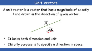 Unit vectors
A unit vector is a vector that has a magnitude of exactly
1 and drawn in the direction of given vector.
• It lacks both dimension and unit.
• Its only purpose is to specify a direction in space.
⃗
A
^
𝐴
 