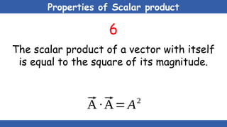Properties of Scalar product
6
The scalar product of a vector with itself
is equal to the square of its magnitude.
⃗
A ∙⃗
A= A2
 