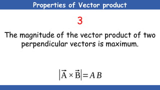 Properties of Vector product
3
The magnitude of the vector product of two
perpendicular vectors is maximum.
|⃗
A×⃗
B|=A B
 