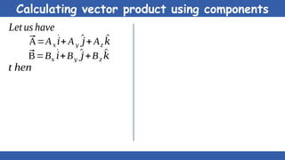 Calculating vector product using components
⃗
A=A𝑥
^
𝑖+ A𝑦
^
𝑗+ A𝑧
^
𝑘
⃗
B=B𝑥
^
𝑖+B𝑦
^
𝑗+B𝑧
^
𝑘
Let us have
t hen
 