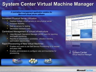 VMVMVMVMVMVMVMVMVMVMVMVMVMVMVMVMVMVMVMVMVMVMVMVMSystem Center Virtual Machine ManagerA centralized management application solution forMicrosoft virtual server softwareIncreased Physical Server Utilization Deploys multiple virtual servers on one physical server