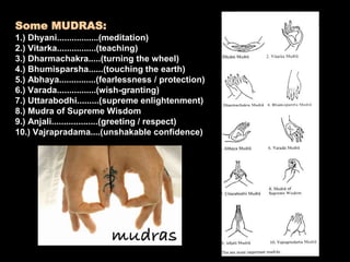 Some MUDRAS:
1.) Dhyani.................(meditation)
2.) Vitarka................(teaching)
3.) Dharmachakra.....(turning the wheel)
4.) Bhumisparsha......(touching the earth)
5.) Abhaya...............(fearlessness / protection)
6.) Varada................(wish-granting)
7.) Uttarabodhi.........(supreme enlightenment)
8.) Mudra of Supreme Wisdom
9.) Anjali...................(greeting / respect)
10.) Vajrapradama....(unshakable confidence)
 