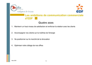 Les ambitions de communication commerciale
                  d’EDF
                                    Quatre axes
1 . Maintenir un haut niveau de satisfaction et renforcer la relation avec les clients


2 . Accompagner nos clients sur la maîtrise de l’énergie


3 . Se positionner sur le marché de la rénovation


4 . Optimiser notre ciblage de nos offres




Mars 2009                                    14
 