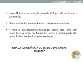SEDIMENTOS ESTUARINOS



 Lama Fluida: concentração elevada (10 g/L) de sedimentos
  suspensos;

 São encontradas em ambientes costeiros e estuarinos;

 A maioria dos trabalhos realizados sobre este tema tem
  como foco o delta do Amazonas, onde a maior parte das
  lamas fluidas conhecidas se encontram;



     QUAL A IMPORTÂNCIA DO ESTUDO DAS LAMAS
                    FLUIDAS?
 