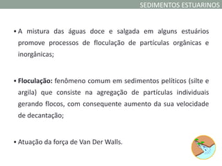 SEDIMENTOS ESTUARINOS


 A mistura das águas doce e salgada em alguns estuários
 promove processos de floculação de partículas orgânicas e
 inorgânicas;


 Floculação: fenômeno comum em sedimentos pelíticos (silte e
 argila) que consiste na agregação de partículas individuais
 gerando flocos, com consequente aumento da sua velocidade
 de decantação;


 Atuação da força de Van Der Walls.
 