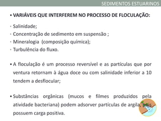SEDIMENTOS ESTUARINOS

 VARIÁVEIS QUE INTERFEREM NO PROCESSO DE FLOCULAÇÃO:

• Salinidade;
• Concentração de sedimento em suspensão ;
• Mineralogia (composição química);
• Turbulência do fluxo.


 A floculação é um processo reversível e as partículas que por
 ventura retornam à água doce ou com salinidade inferior a 10
 tendem a desflocular;

 Substâncias orgânicas (mucos e      filmes produzidos pela
 atividade bacteriana) podem adsorver partículas de argila, pois
 possuem carga positiva.
 