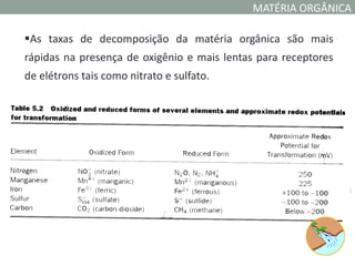 MATÉRIA ORGÂNICA

As taxas de decomposição da matéria orgânica são mais
rápidas na presença de oxigênio e mais lentas para receptores
de elétrons tais como nitrato e sulfato.
 