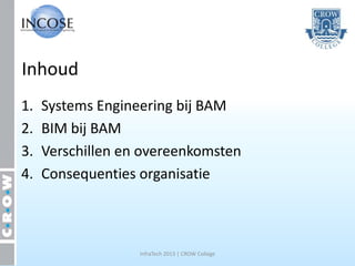Inhoud
1.   Systems Engineering bij BAM
2.   BIM bij BAM
3.   Verschillen en overeenkomsten
4.   Consequenties organisatie



                   InfraTech 2013 | CROW College
 