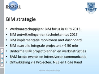 BIM strategie
•   Werkmaatschappijen: BIM focus in OP’s 2013
•   BIM ontwikkelingen en technieken tot 2015
•   BIM implementatie monitoren met dashboard
•   BIM scan alle integrale projecten > € 50 mio
•   Uniforme BIM projectplannen en werkinstructies
•   BAM brede events en intensiveren communicatie
•   Ontwikkeling via Projecten: N33 en Hoge Raad

                     InfraTech 2013 | CROW College
 