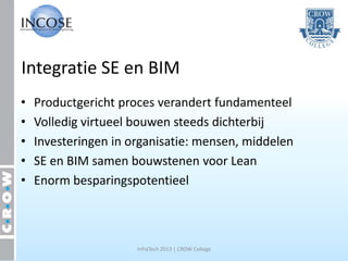 Integratie SE en BIM
•   Productgericht proces verandert fundamenteel
•   Volledig virtueel bouwen steeds dichterbij
•   Investeringen in organisatie: mensen, middelen
•   SE en BIM samen bouwstenen voor Lean
•   Enorm besparingspotentieel



                      InfraTech 2013 | CROW College
 