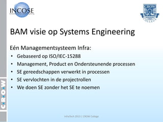 BAM visie op Systems Engineering
Eén Managementsysteem Infra:
•   Gebaseerd op ISO/IEC-15288
•   Management, Product en Ondersteunende processen
•   SE gereedschappen verwerkt in processen
•   SE vervlochten in de projectrollen
•   We doen SE zonder het SE te noemen




                      InfraTech 2013 | CROW College
 
