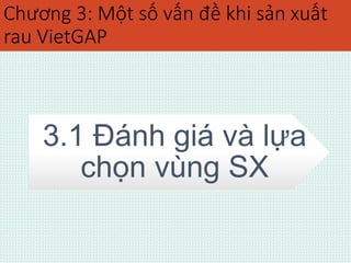 Chương 3: Một số vấn đề khi sản xuất 
rau VietGAP 
3.1 Đánh giá và lựa 
chọn vùng SX 
 