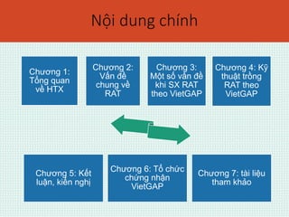 Nội dung chính 
Chương 1: 
Tổng quan 
về HTX 
Chương 2: 
Vấn đề 
chung về 
RAT 
Chương 3: 
Một số vấn đề 
khi SX RAT 
theo VietGAP 
Chương 4: Kỹ 
thuật trồng 
RAT theo 
VietGAP 
Chương 5: Kết 
luận, kiến nghị 
Chương 6: Tổ chức 
chứng nhận 
VietGAP 
Chương 7: tài liệu 
tham khảo 
 