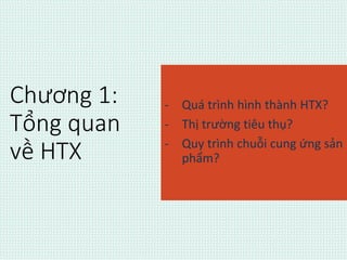 Chương 1: 
Tổng quan 
về HTX 
- Quá trình hình thành HTX? 
- Thị trường tiêu thụ? 
- Quy trình chuỗi cung ứng sản 
phẩm? 
 