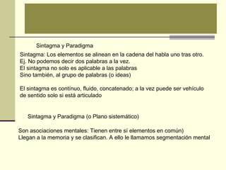 Sintagma y Paradigma
Sintagma: Los elementos se alinean en la cadena del habla uno tras otro.
Ej. No podemos decir dos palabras a la vez.
El sintagma no solo es aplicable a las palabras
Sino también, al grupo de palabras (o ideas)
El sintagma es contínuo, fluido, concatenado; a la vez puede ser vehículo
de sentido solo si está articulado
Sintagma y Paradigma (o Plano sistemático)
Son asociaciones mentales: Tienen entre sí elementos en común)
Llegan a la memoria y se clasifican. A ello le llamamos segmentación mental
 