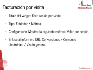 Facturación por visita
• Título del widget: Facturación por visita.
• Tipo: Estándar / Métrica.
• Conﬁguración: Mostrar la siguiente métrica: Valor por sesión.
• Enlace al informe o URL: Conversiones / Comercio
electrónico / Visión general.
 