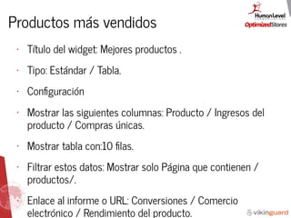 Productos más vendidos
• Título del widget: Mejores productos .
• Tipo: Estándar / Tabla.
• Conﬁguración
• Mostrar las siguientes columnas: Producto / Ingresos del
producto / Compras únicas.
• Mostrar tabla con:10 ﬁlas.
• Filtrar estos datos: Mostrar solo Página que contienen /
productos/.
• Enlace al informe o URL: Conversiones / Comercio
electrónico / Rendimiento del producto.
 