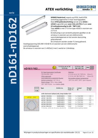 ATEX verlichting 
SERMES Nederland, experts op ATEX, heeft ATEX 
verlichting opgenomen in haar leveringspakket. 
Deze ATEX plafondverlichting van de serie nD161 - 
nD162 is geschikt voor zone 2 (Ex nA IIT4) of voor zone 
22 stofexplosieveilig Ex tIID T80°C A22 
Type nD161 is met 1 TL-D en type nD162 is voorzien van 
2 x TL-D. 
De behuizing is van versterkt polyester glasfiber en de 
armatuur is voorzien van een elektronische 
voorschakelapparaat en het venster doorzichtig 
polycarbonaat. 
De armaturen worden zonder TL-lamp geleverd. 
Voedingsspanning 220-240 V 50-60 Hz en voorzien van een elektronische 
voorschakelapparaat. 
De armatuur is voorzien van 2 x M25x1,5 met 1 wartel en 1 blindstop. 
Wijzingen in productuitvoeringen en specificaties zijn voorbehouden (V1.2) Pagina 21 van 25 
serie 
nD161-nD162 
 